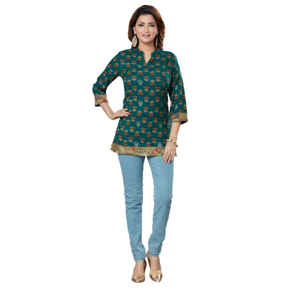 Casual 3/4 Sleeves Printed Rayon Short Top (Green)