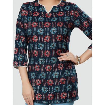 Casual 3/4 Sleeves Printed Rayon Short Top (Navy Blue)