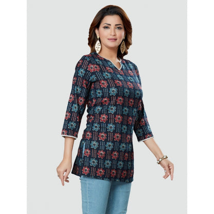 Casual 3/4 Sleeves Printed Rayon Short Top (Navy Blue)