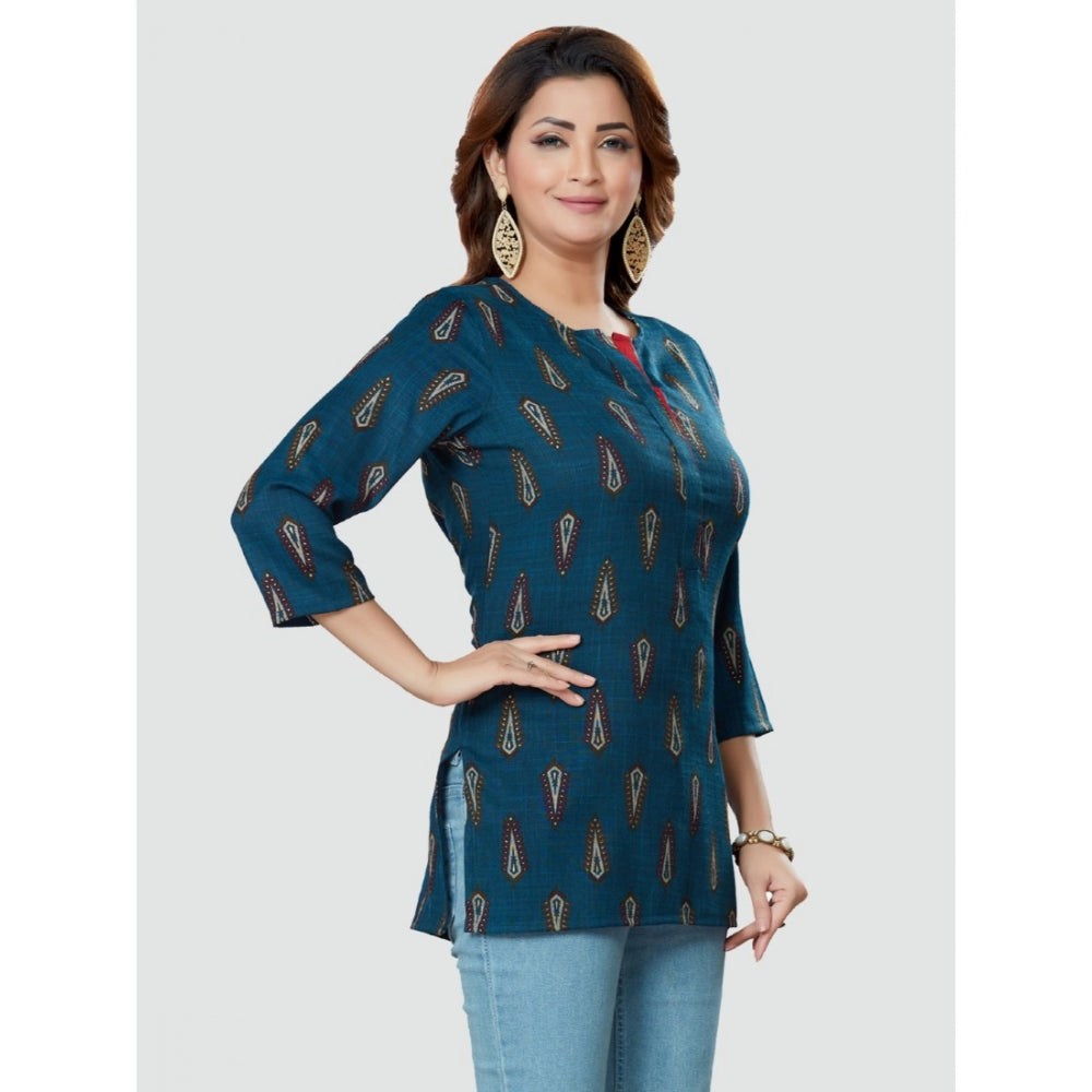 Casual 3/4 Sleeves Printed Rayon Short Top (Blue)