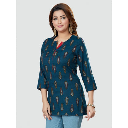 Casual 3/4 Sleeves Printed Rayon Short Top (Blue)