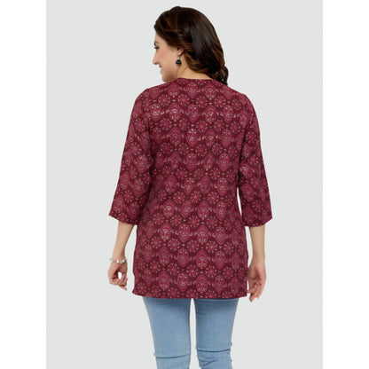 Casual 3/4 Sleeves Printed Rayon Short Top (Maroon)