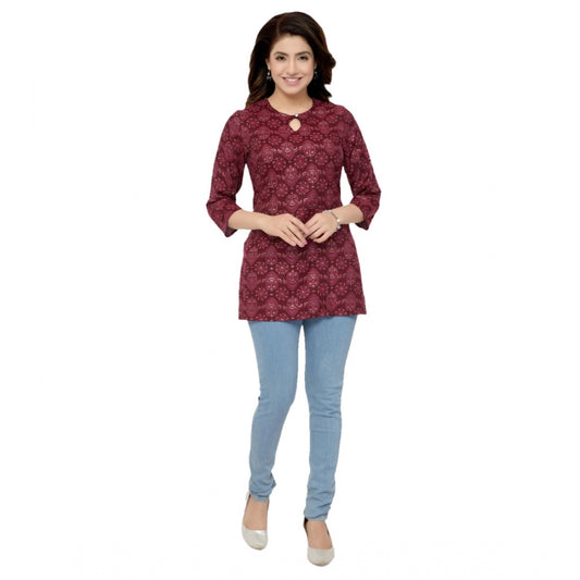 Casual 3/4 Sleeves Printed Rayon Short Top (Maroon)