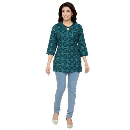 Casual 3/4 Sleeves Printed Rayon Short Top (Green)