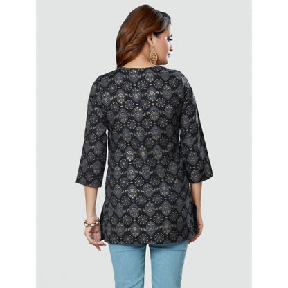 Casual 3/4 Sleeves Printed Rayon Short Top (Black)