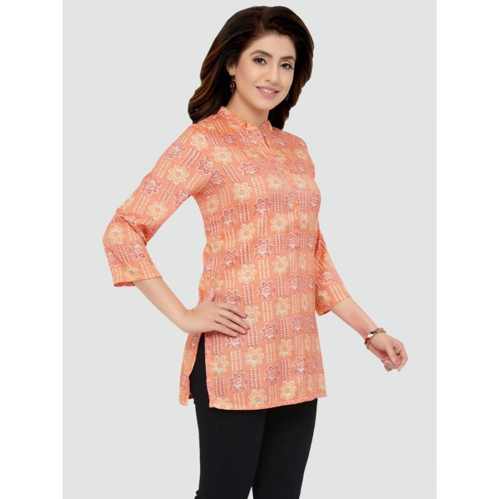 Casual 3/4 Sleeves Printed Rayon Short Top (Orange)