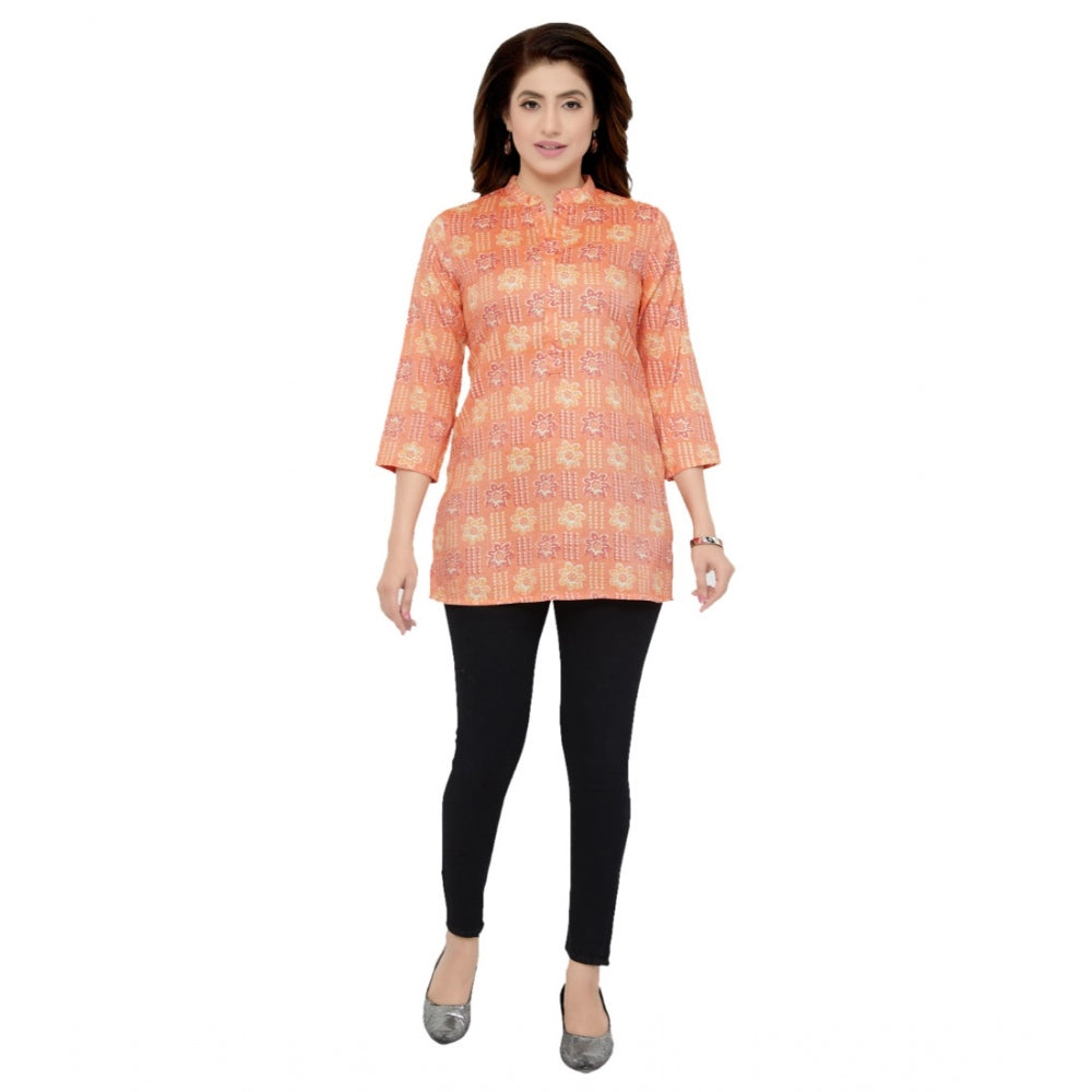 Casual 3/4 Sleeves Printed Rayon Short Top (Orange)