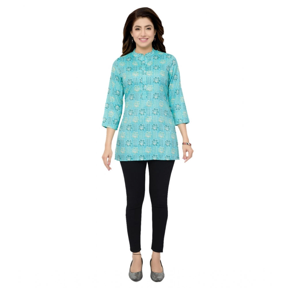 Casual 3/4 Sleeves Printed Rayon Short Top (Sky Blue)