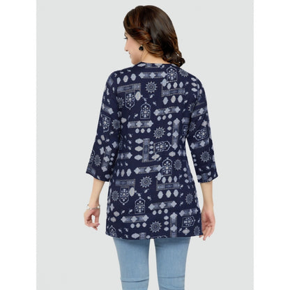 Casual 3/4 Sleeves Printed Rayon Short Top (Blue)