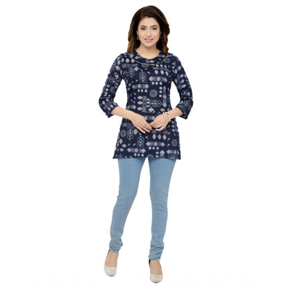 Casual 3/4 Sleeves Printed Rayon Short Top (Blue)