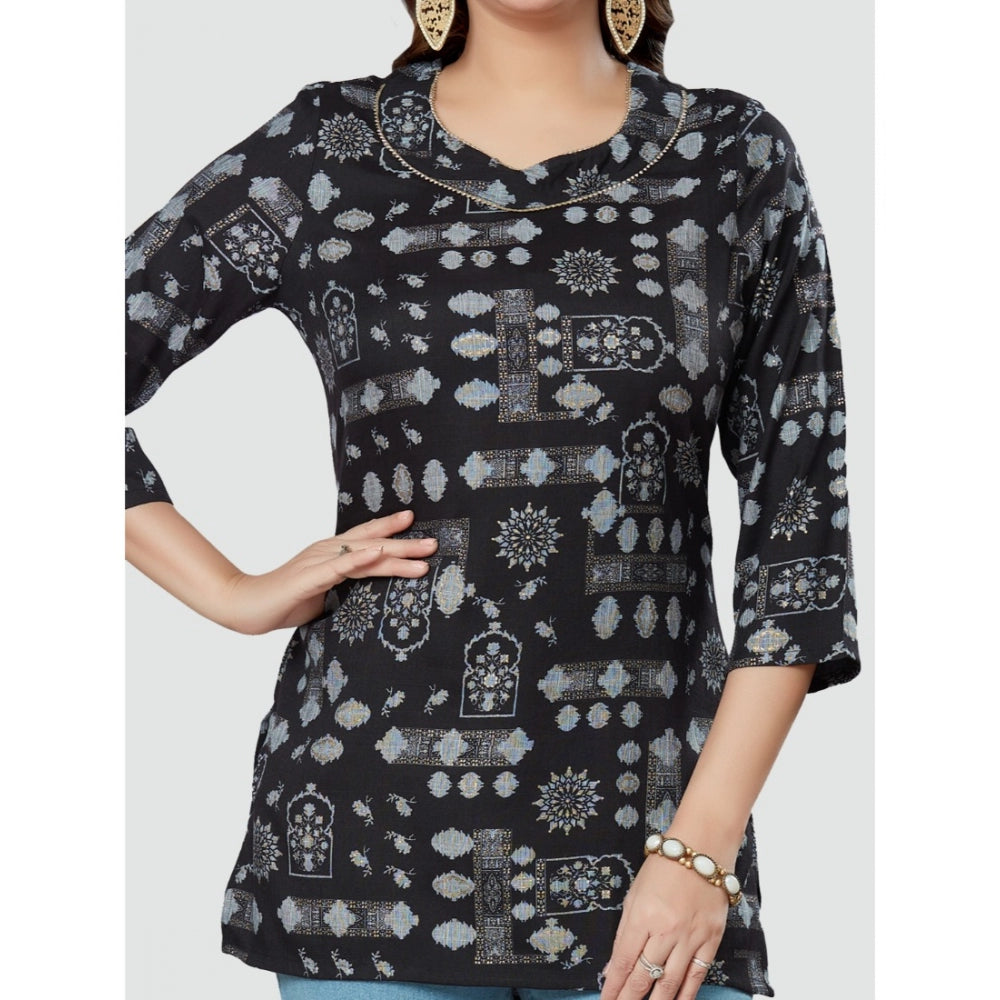 Casual 3/4 Sleeves Printed Rayon Short Top (Black)