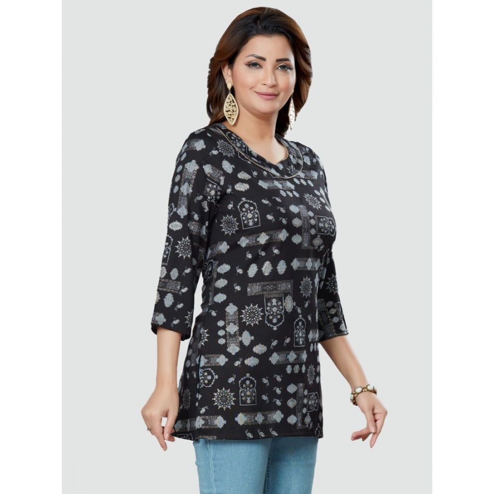 Casual 3/4 Sleeves Printed Rayon Short Top (Black)