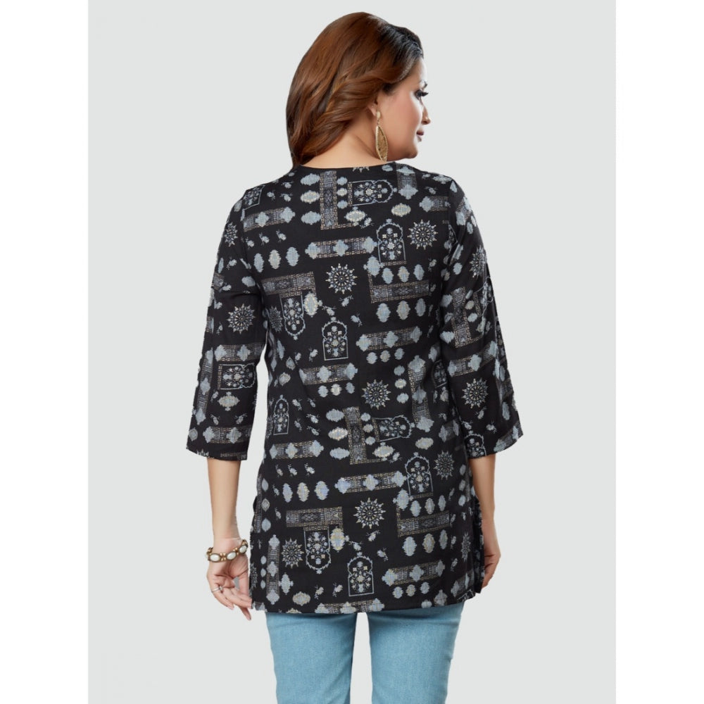 Casual 3/4 Sleeves Printed Rayon Short Top (Black)