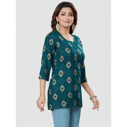 Casual 3/4 Sleeves Printed Rayon Short Top (Green)