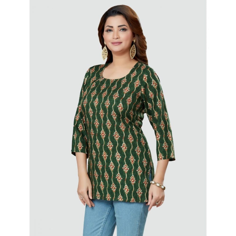 Casual 3/4 Sleeves Printed Rayon Short Top (Green)