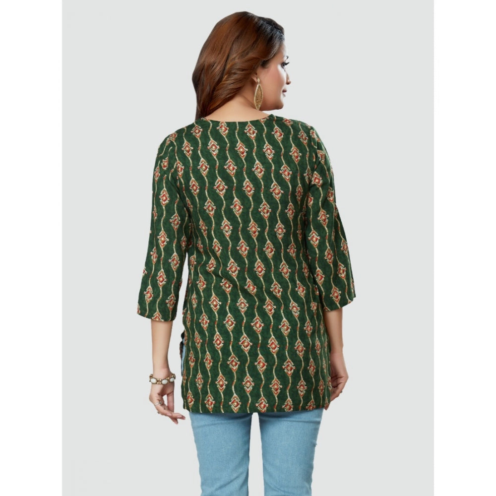 Casual 3/4 Sleeves Printed Rayon Short Top (Green)