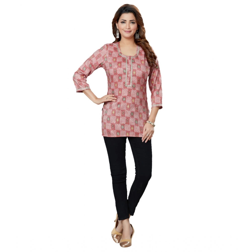 Casual 3/4 Sleeves Printed Rayon Short Top (Pink)