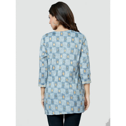 Casual 3/4 Sleeves Printed Rayon Short Top (Blue)