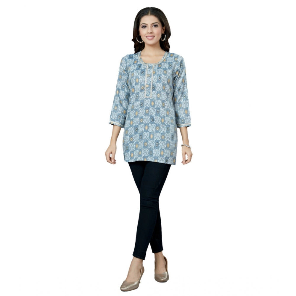 Casual 3/4 Sleeves Printed Rayon Short Top (Blue)