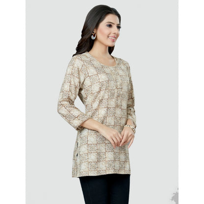 Casual 3/4 Sleeves Printed Rayon Short Top (Beige)