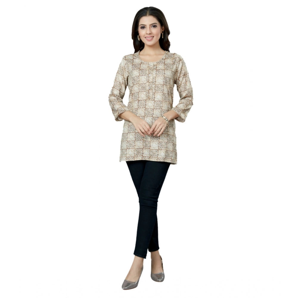 Casual 3/4 Sleeves Printed Rayon Short Top (Beige)