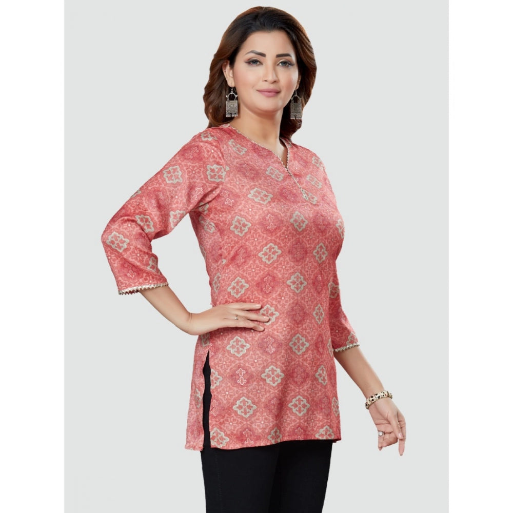 Casual 3/4 Sleeves Printed Rayon Short Top (Pink)