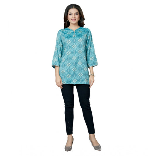 Casual 3/4 Sleeves Printed Rayon Short Top (Blue)