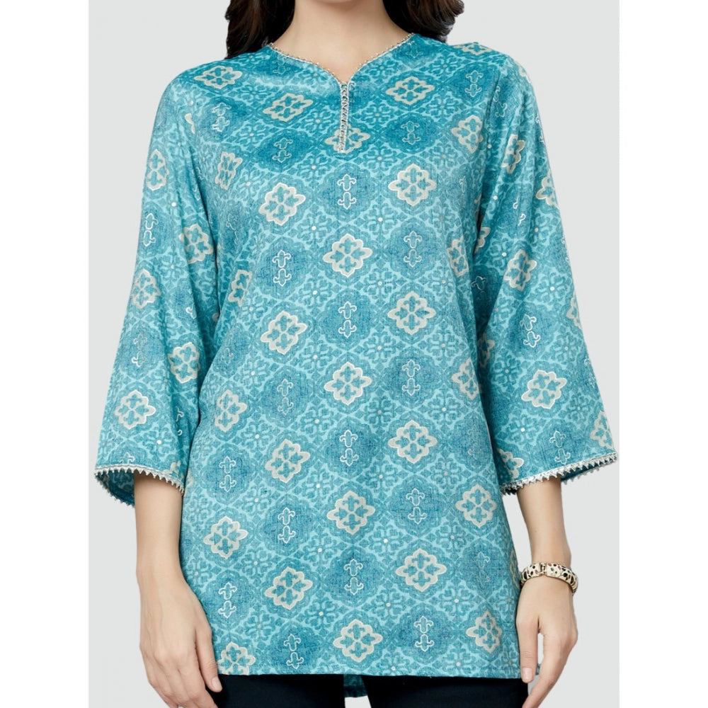 Casual 3/4 Sleeves Printed Rayon Short Top (Blue)