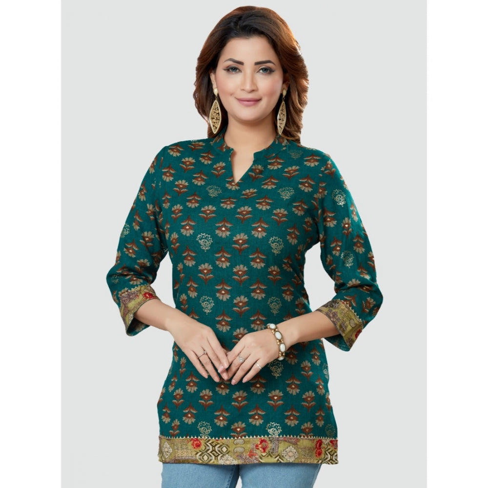 Casual 3/4 Sleeves Printed Rayon Short Top (Green)