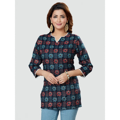 Casual 3/4 Sleeves Printed Rayon Short Top (Navy Blue)