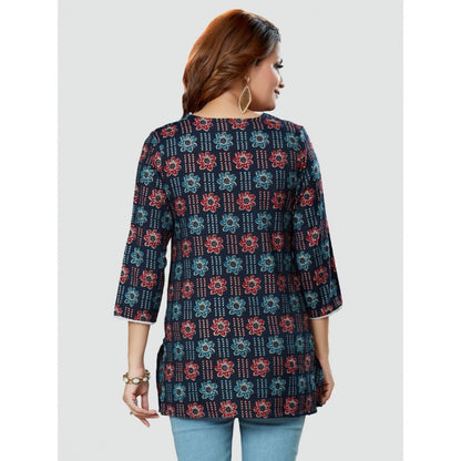 Casual 3/4 Sleeves Printed Rayon Short Top (Navy Blue)