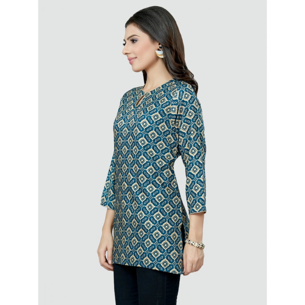 Casual 3/4 Sleeves Printed Rayon Short Top (Blue)