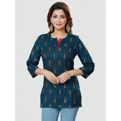 Casual 3/4 Sleeves Printed Rayon Short Top (Blue)