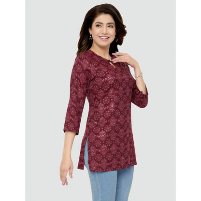 Casual 3/4 Sleeves Printed Rayon Short Top (Maroon)