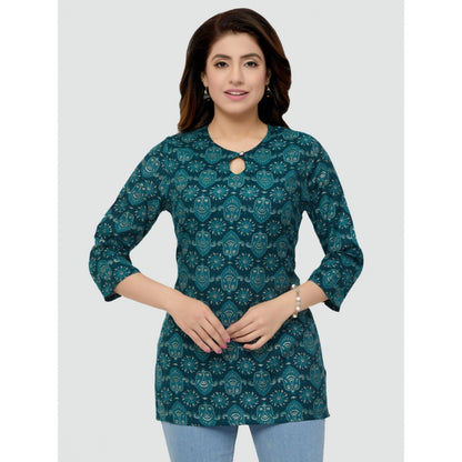 Casual 3/4 Sleeves Printed Rayon Short Top (Green)