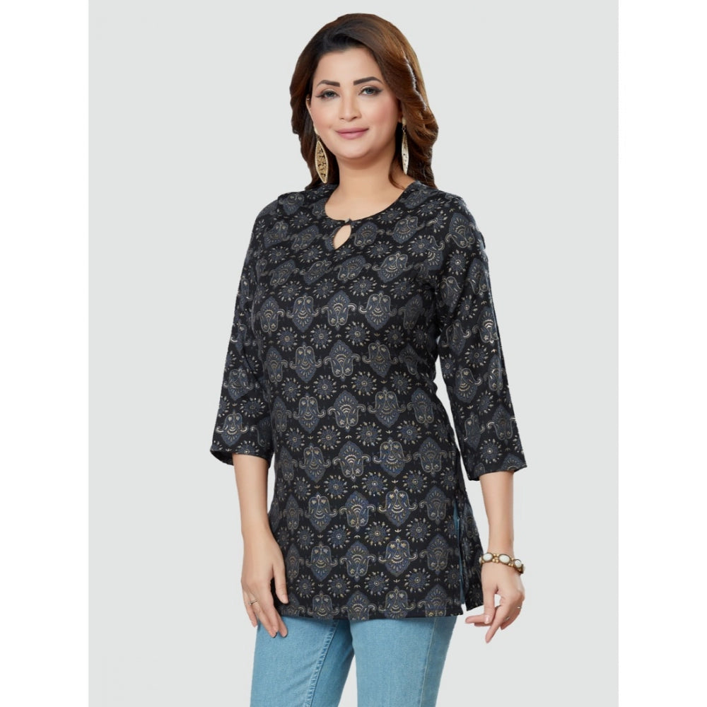 Casual 3/4 Sleeves Printed Rayon Short Top (Black)