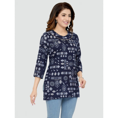 Casual 3/4 Sleeves Printed Rayon Short Top (Blue)