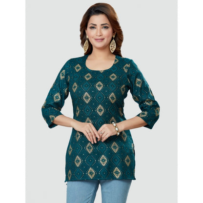 Casual 3/4 Sleeves Printed Rayon Short Top (Green)