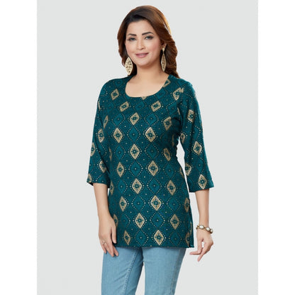 Casual 3/4 Sleeves Printed Rayon Short Top (Green)