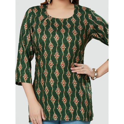 Casual 3/4 Sleeves Printed Rayon Short Top (Green)