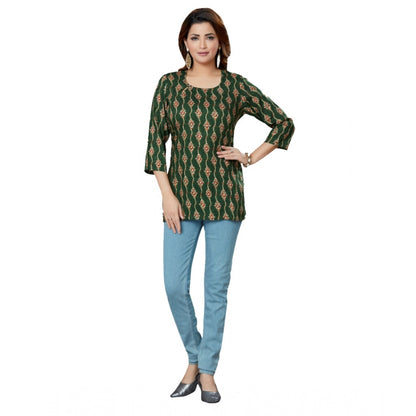 Casual 3/4 Sleeves Printed Rayon Short Top (Green)