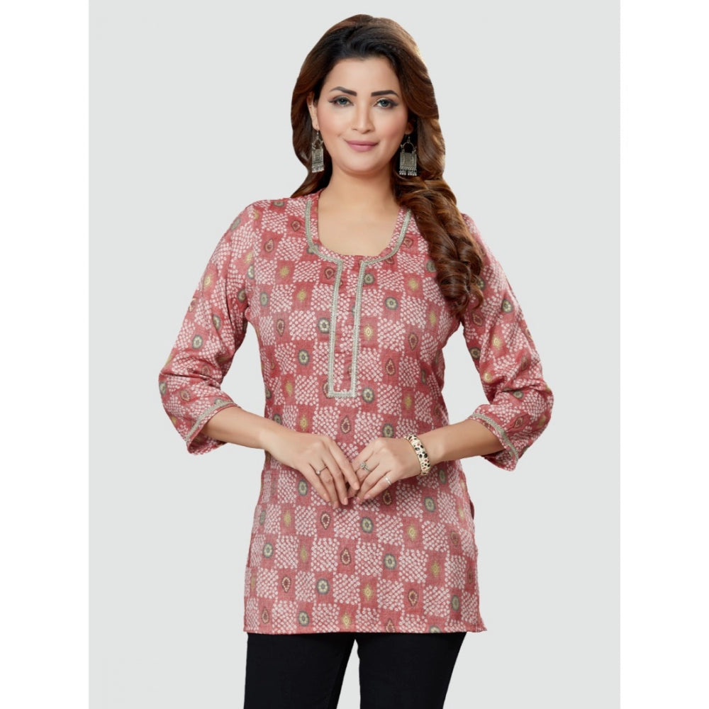 Casual 3/4 Sleeves Printed Rayon Short Top (Pink)