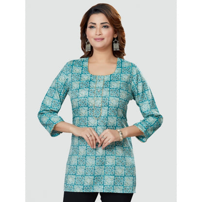 Casual 3/4 Sleeves Printed Rayon Short Top (Blue)