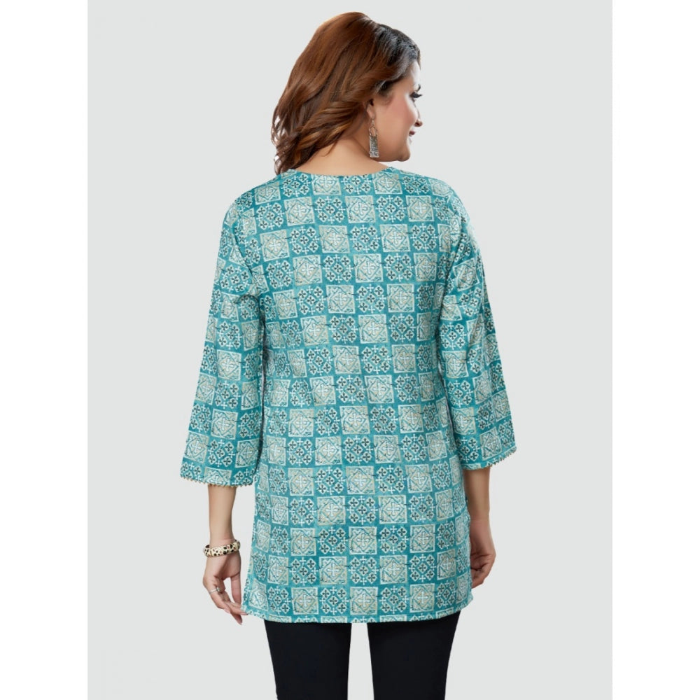 Casual 3/4 Sleeves Printed Rayon Short Top (Blue)