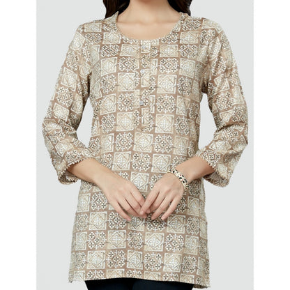 Casual 3/4 Sleeves Printed Rayon Short Top (Beige)