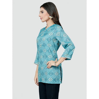 Casual 3/4 Sleeves Printed Rayon Short Top (Blue)