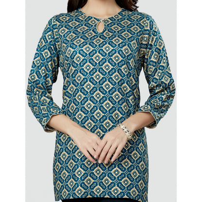 Casual 3/4 Sleeves Printed Rayon Short Top (Blue)