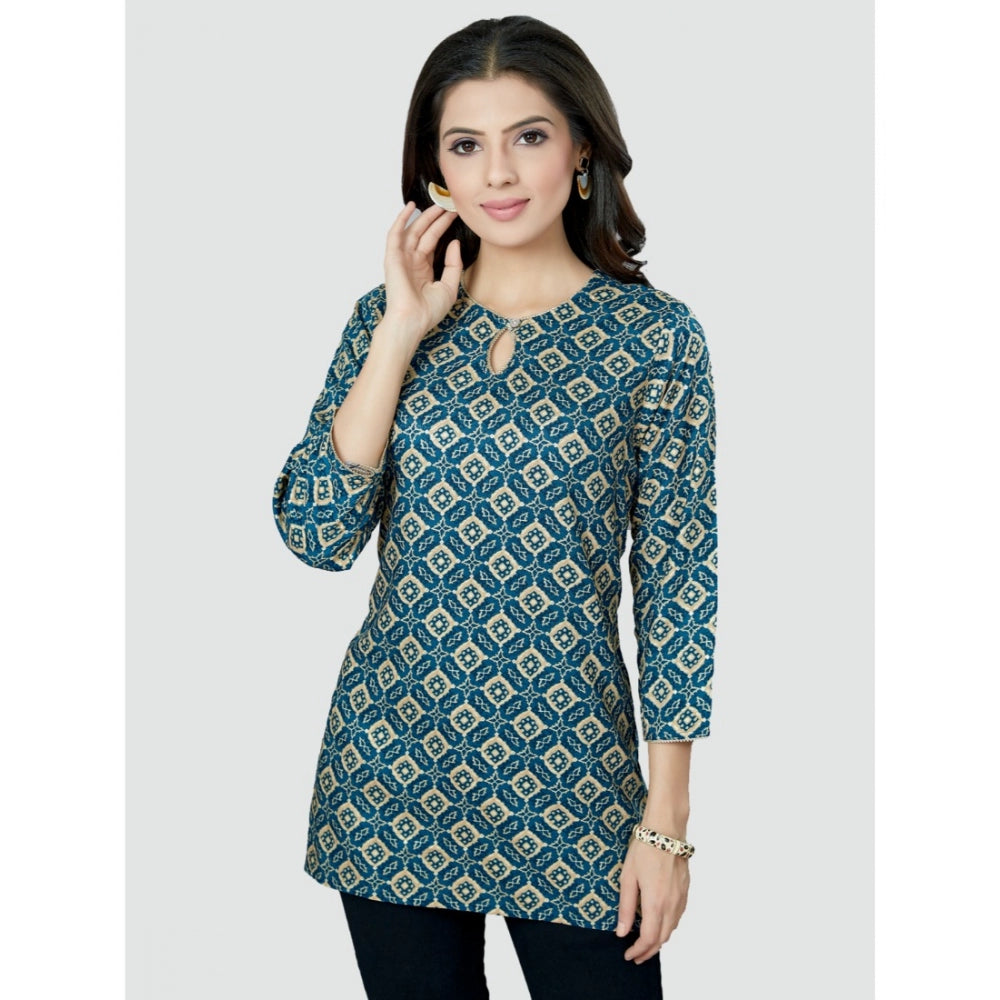 Casual 3/4 Sleeves Printed Rayon Short Top (Blue)