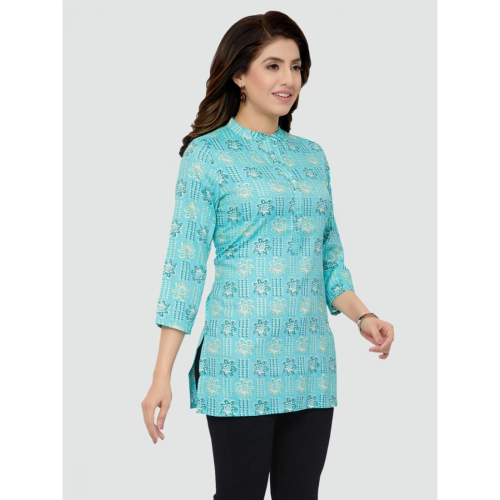 Casual 3/4 Sleeves Printed Rayon Short Top (Sky Blue)