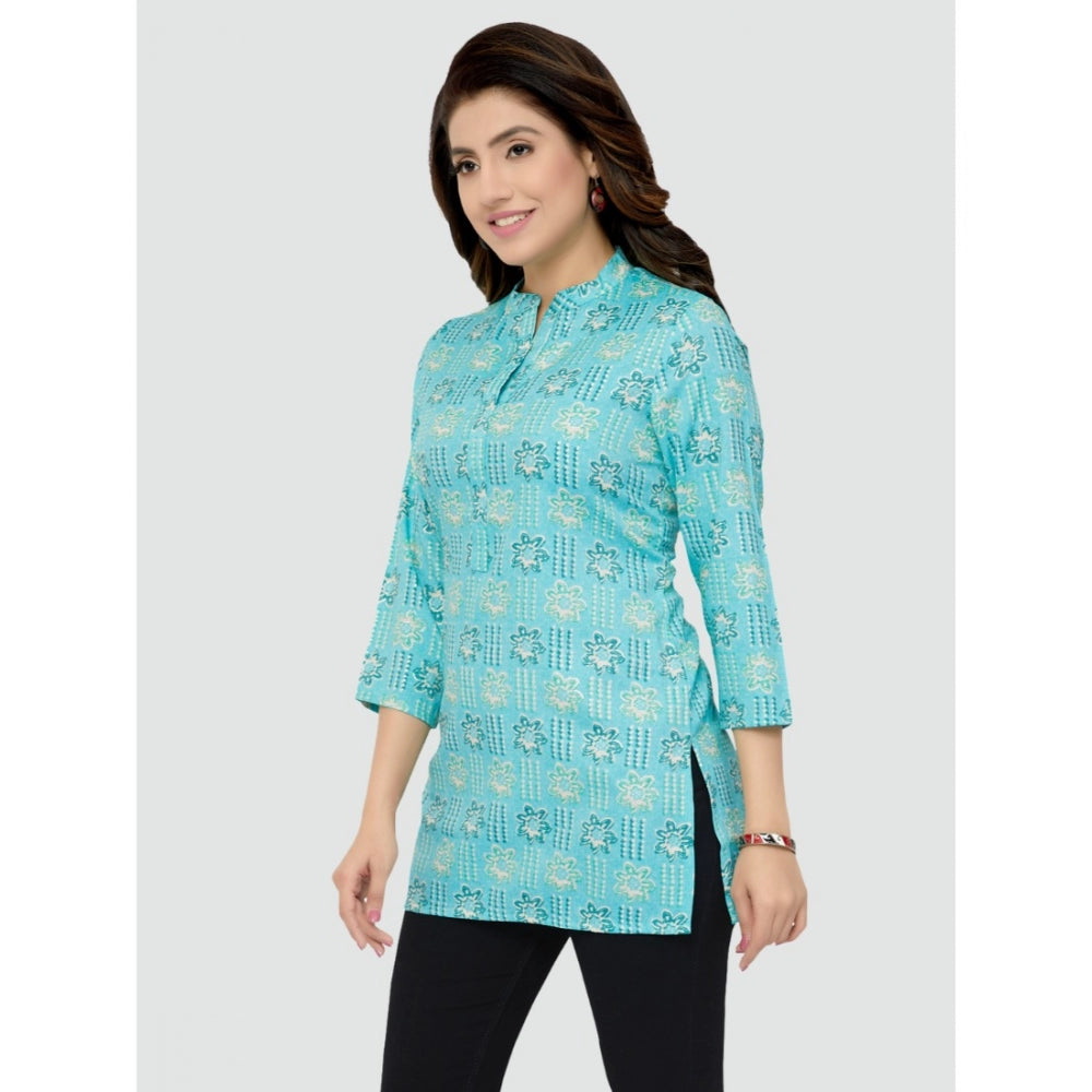 Casual 3/4 Sleeves Printed Rayon Short Top (Sky Blue)